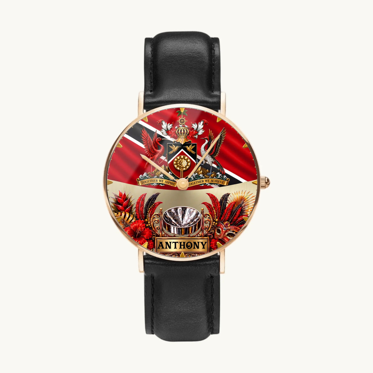 Personalized Trinidad and Tobago watch - rose-gold-tone case and black leather strap, front view