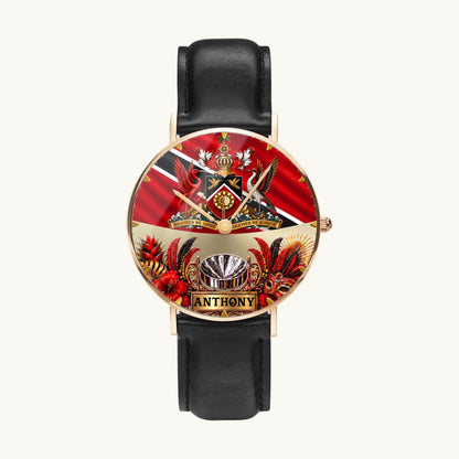 Personalized Trinidad and Tobago watch - rose-gold-tone case and black leather strap, front view