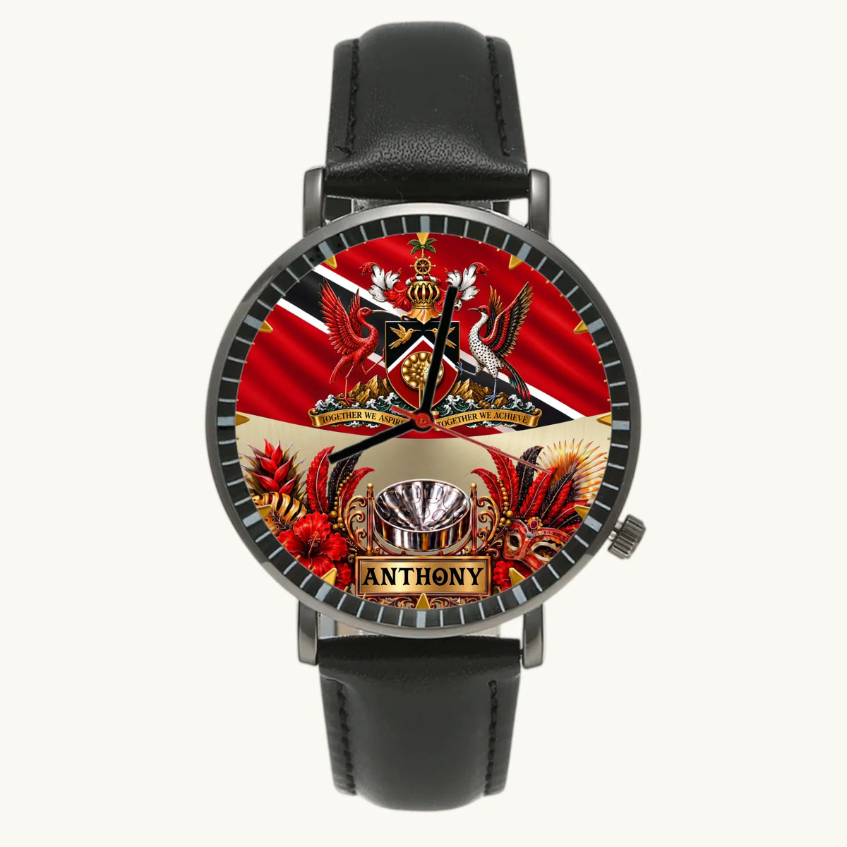 Personalized Trinidad and Tobago watch - black case and black leather strap, front view