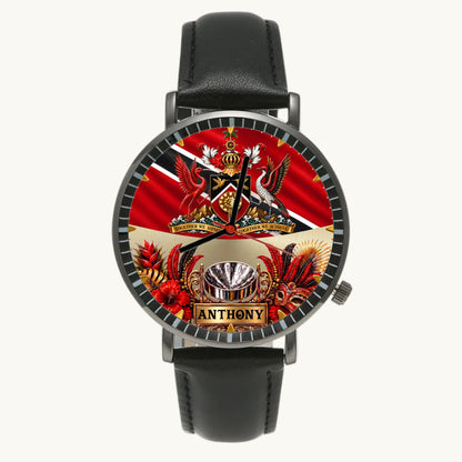 Personalized Trinidad and Tobago watch - black case and black leather strap, front view