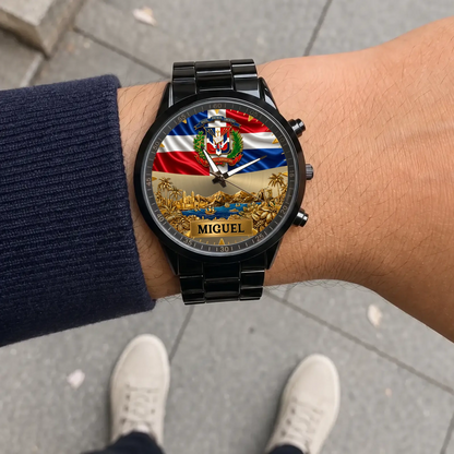 Personalized Dominican pride watch - black metal bracelet worn outdoors