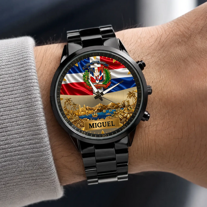 Personalized Dominican pride watch - black metal bracelet worn with a gray sweater