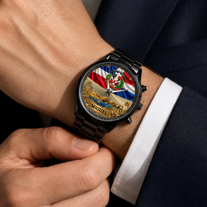 Personalized Dominican pride watch - black metal bracelet worn with a suit