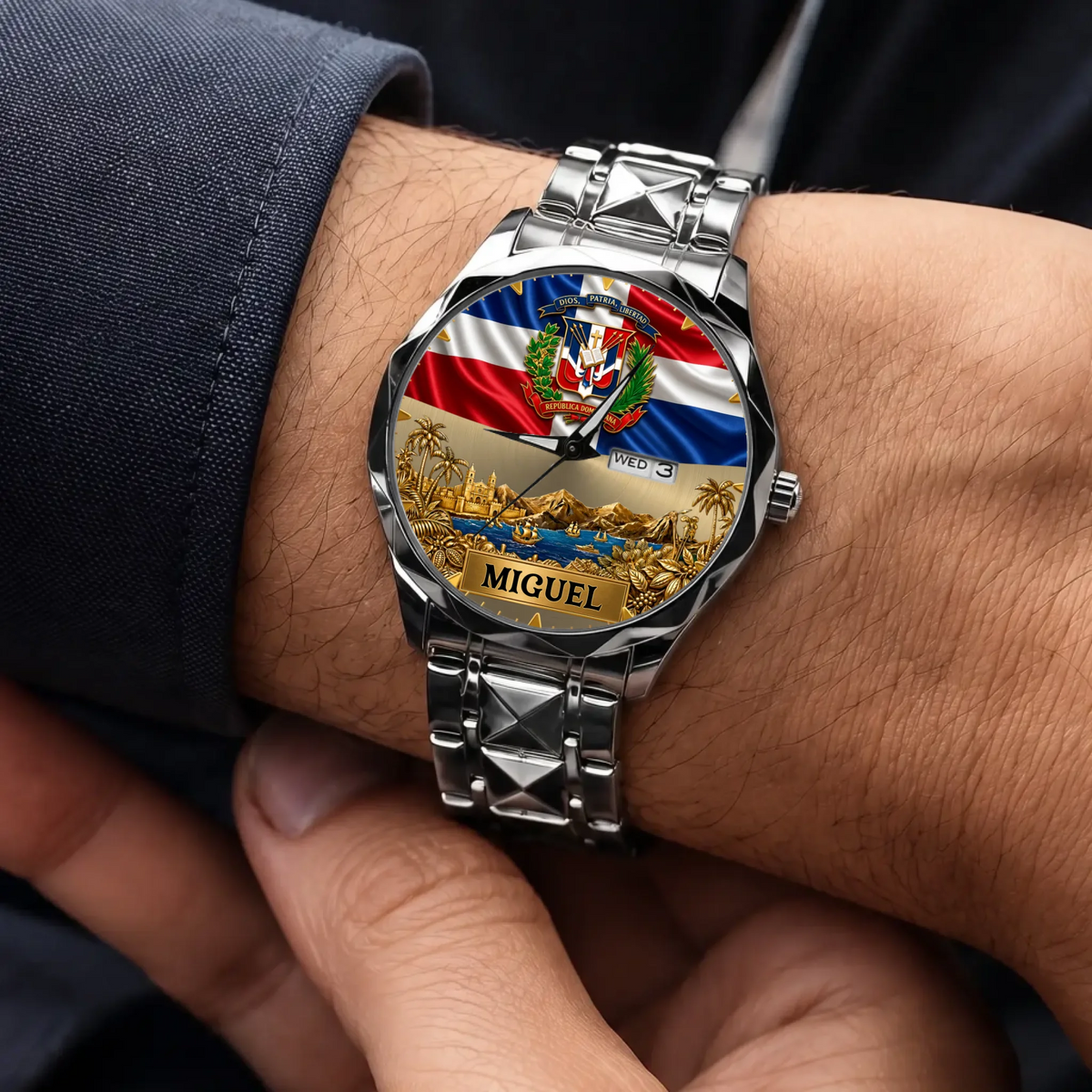 Personalized Dominican pride watch - silver-tone faceted bracelet worn with a suit
