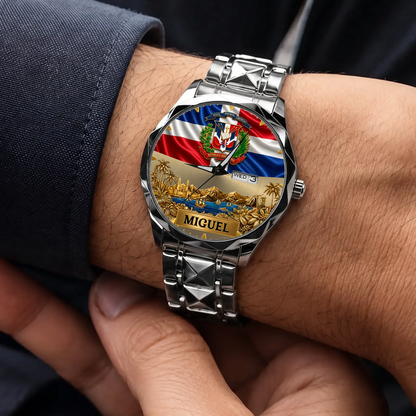Personalized Dominican pride watch - silver-tone faceted bracelet worn with a suit