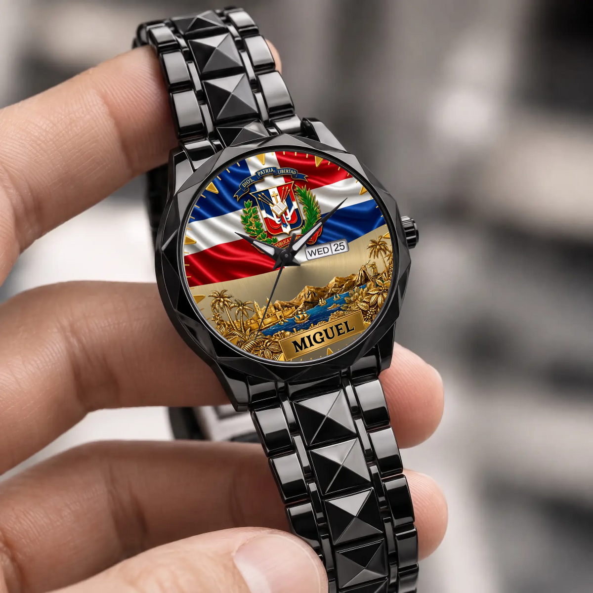 Personalized Dominican pride watch - black faceted bracelet held in a hand