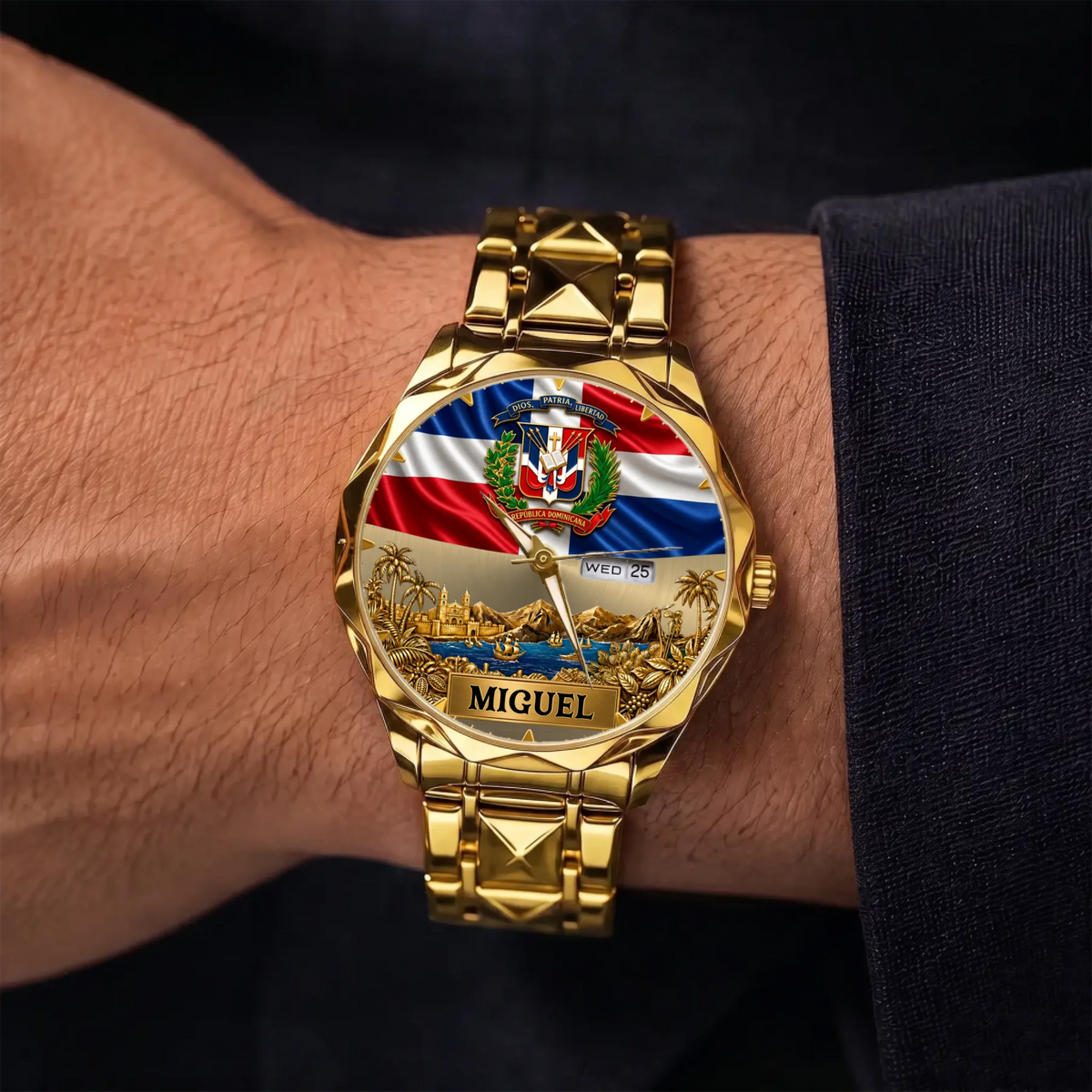 Personalized Dominican pride watch - gold-tone faceted bracelet shown on the wrist