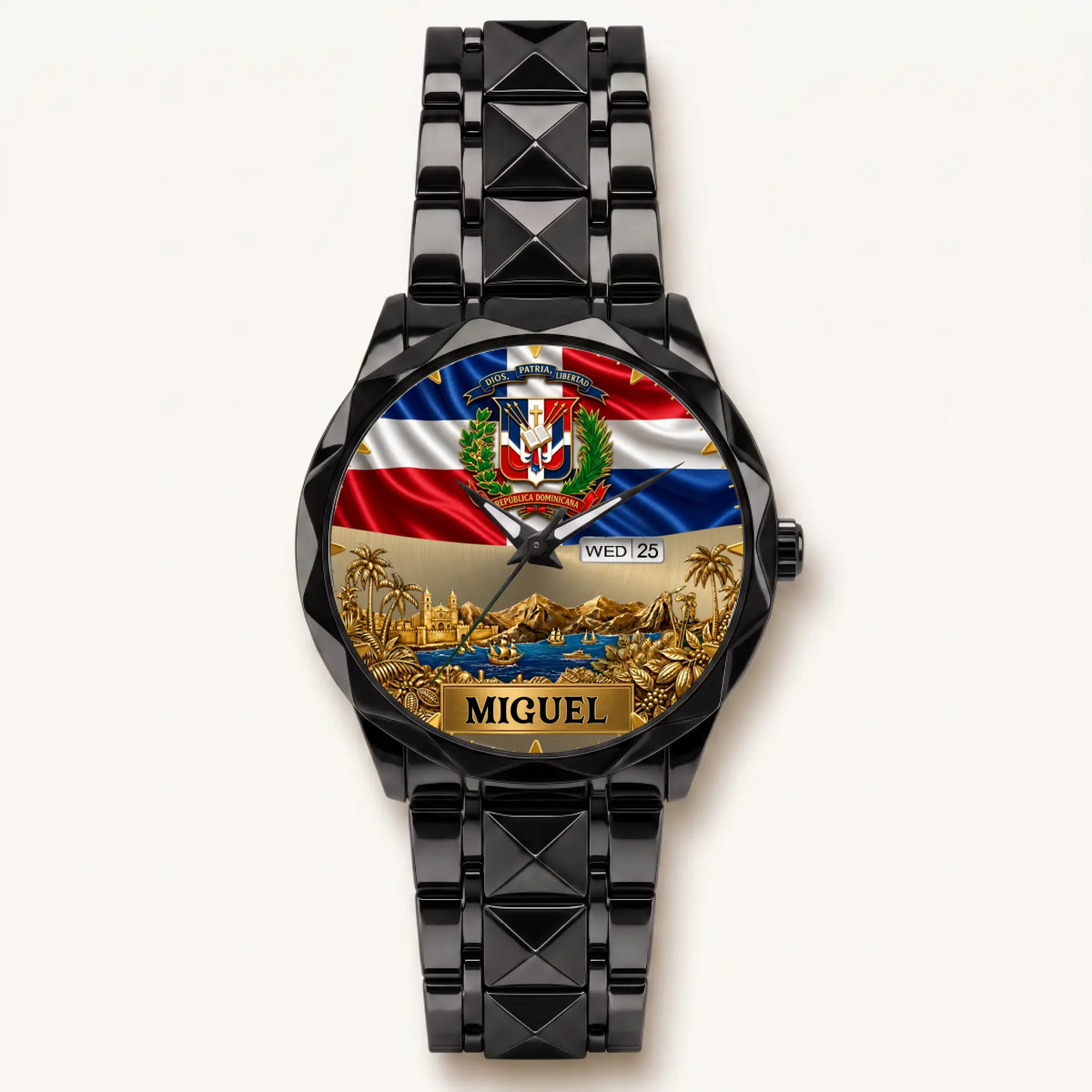 Personalized Dominican pride watch - black faceted bracelet and day-date display