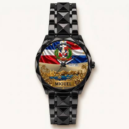 Personalized Dominican pride watch - black faceted bracelet and day-date display