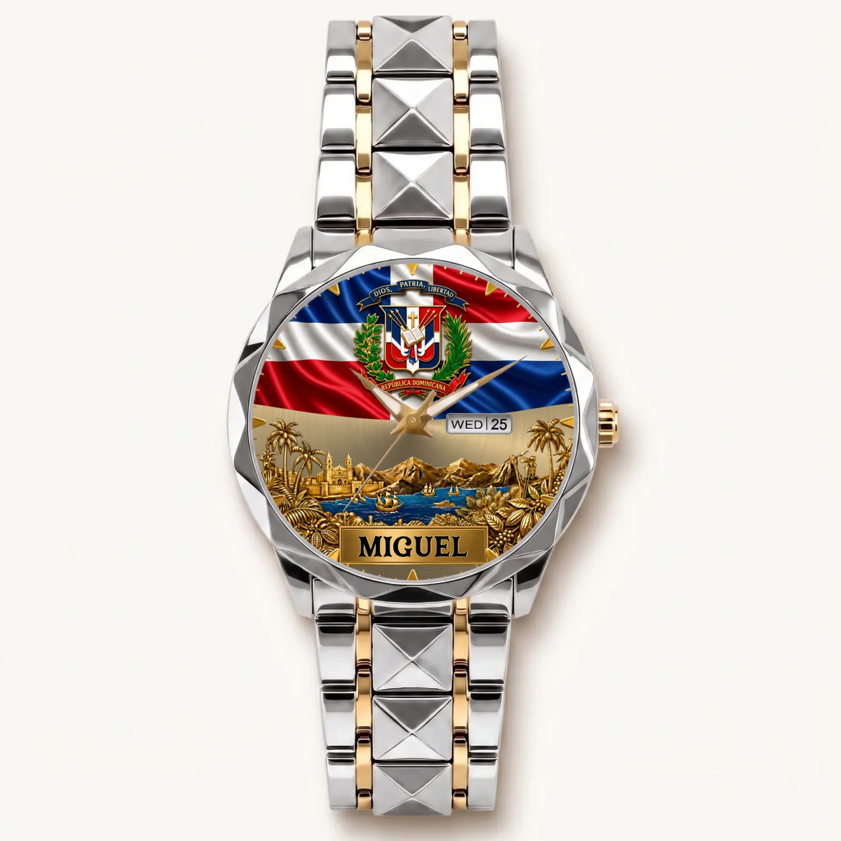 Personalized Dominican pride watch - two-tone bracelet with silver-tone bezel