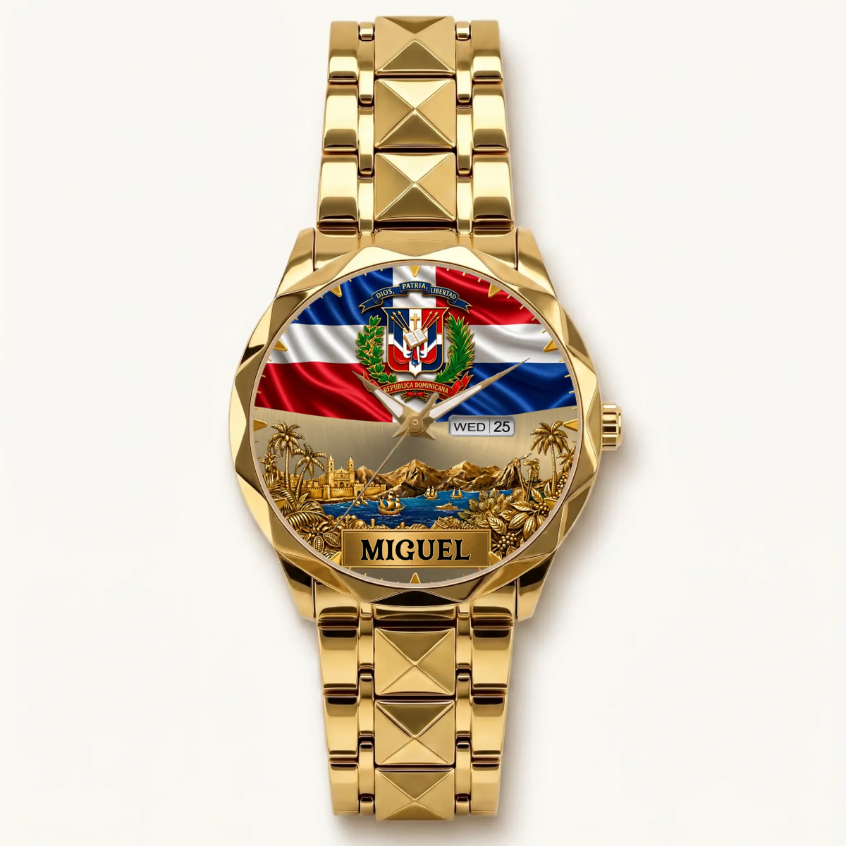Personalized Dominican pride watch - gold-tone faceted bracelet and day-date display