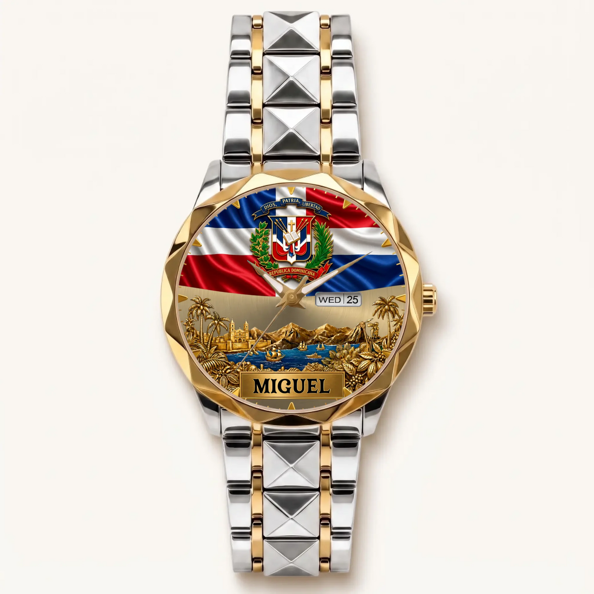 Personalized Dominican pride watch - two-tone bracelet with gold-tone bezel