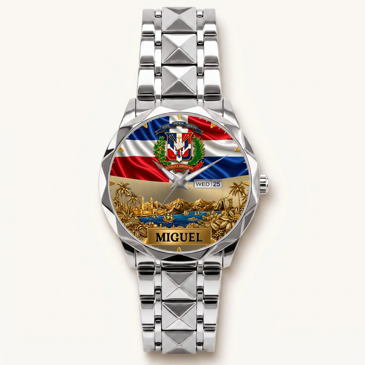 Personalized Dominican pride watch - silver-tone faceted bracelet and day-date display
