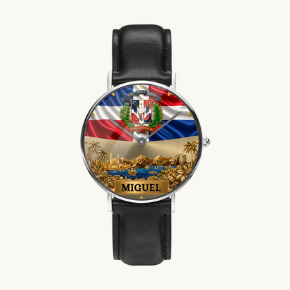 Personalized Dominican pride watch - silver-tone case and black leather strap, front view