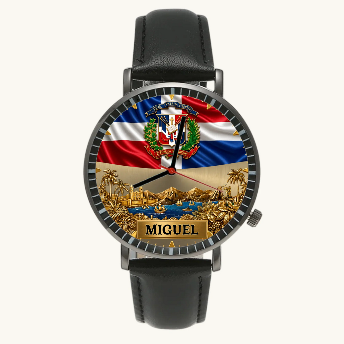 Personalized Dominican pride watch - black case and black leather strap, front view