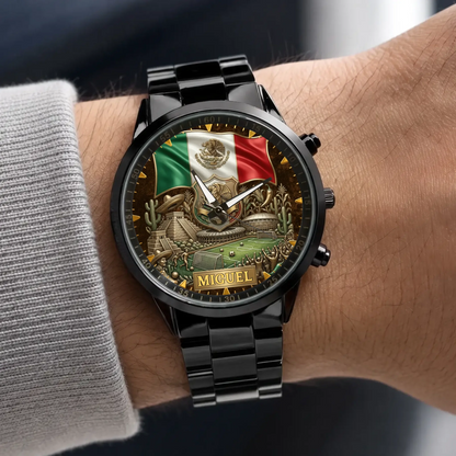 Personalized Mexico soccer watch - black metal bracelet worn with a gray sweater
