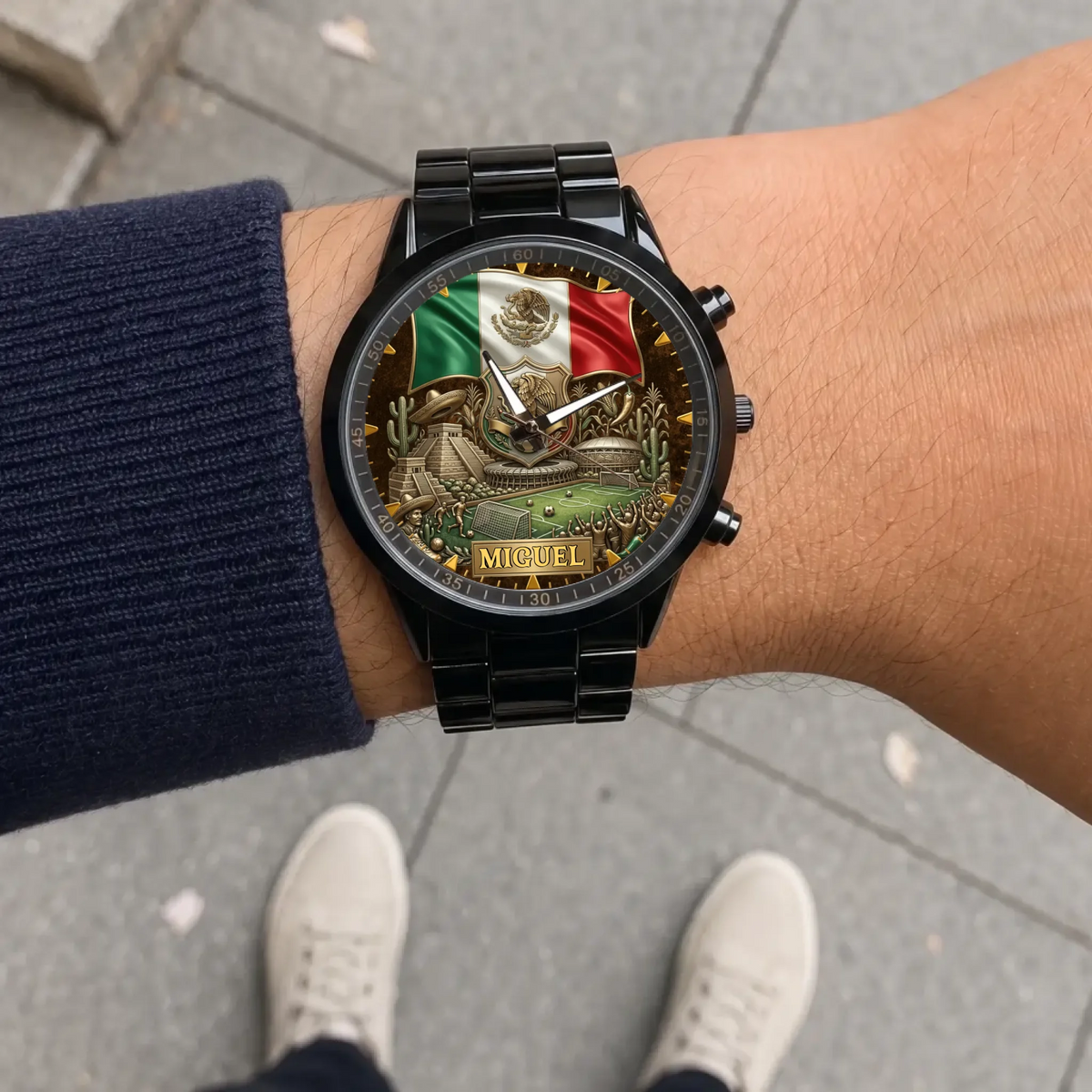 Personalized Mexico soccer watch - black metal bracelet worn outdoors