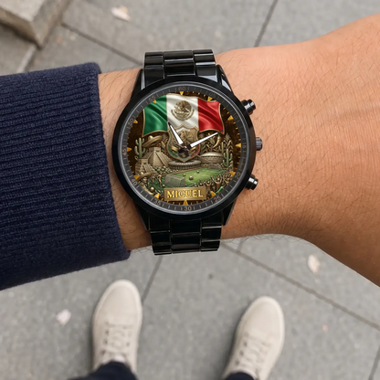 Personalized Mexico soccer watch - black metal bracelet worn outdoors