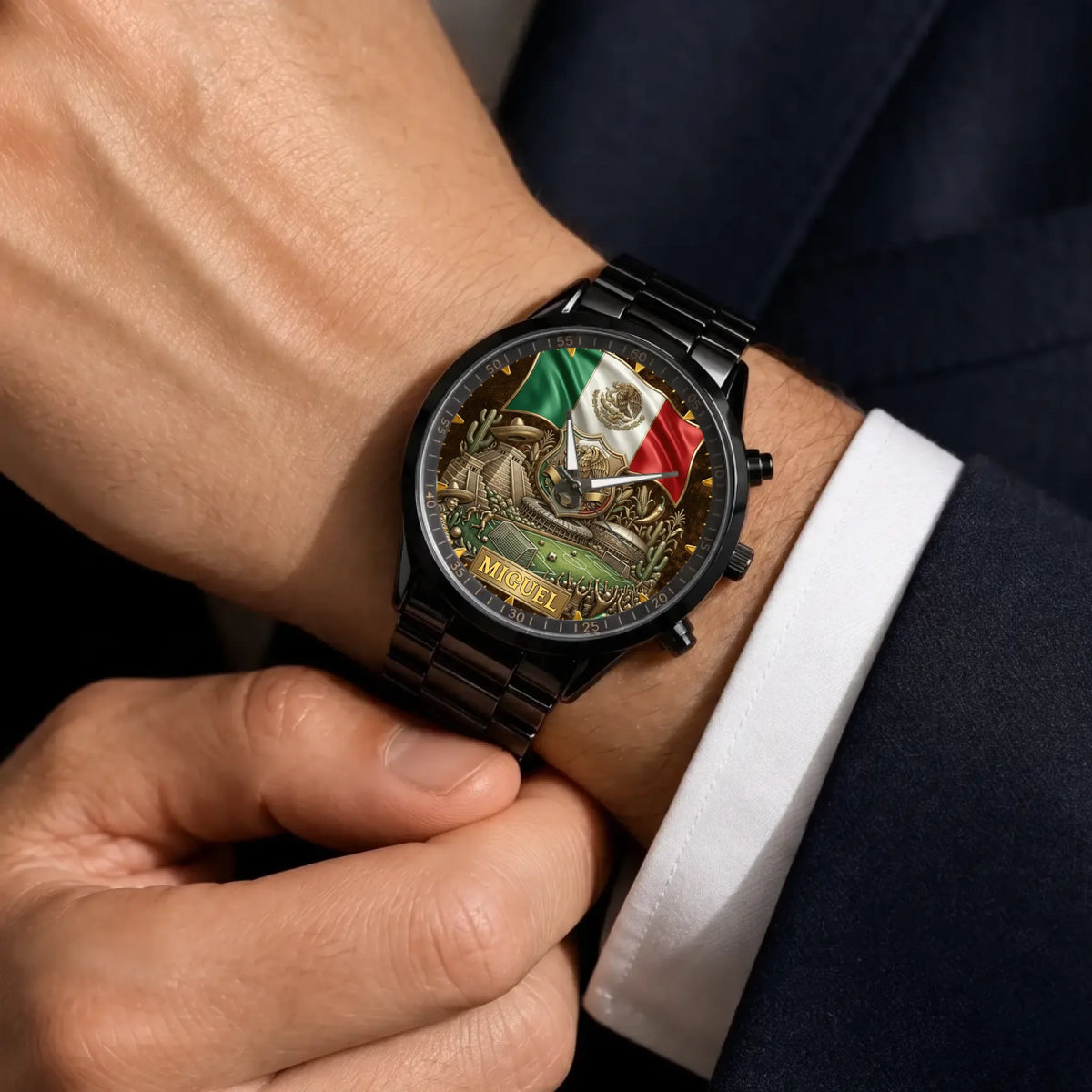 Personalized Mexico soccer watch - black metal bracelet worn with a suit