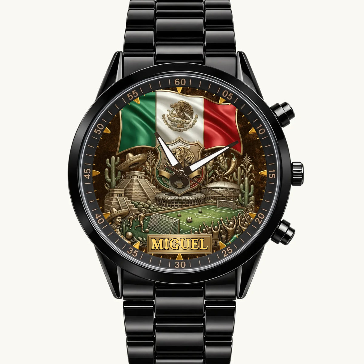 Personalized Mexico soccer watch with Mexican flag, soccer design and custom name, black metal bracelet