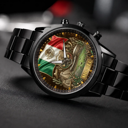Personalized Mexico soccer watch - black metal bracelet, angled view on a dark surface