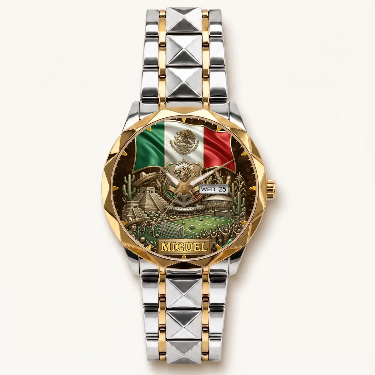Personalized Mexico soccer watch - two-tone bracelet with gold-tone bezel