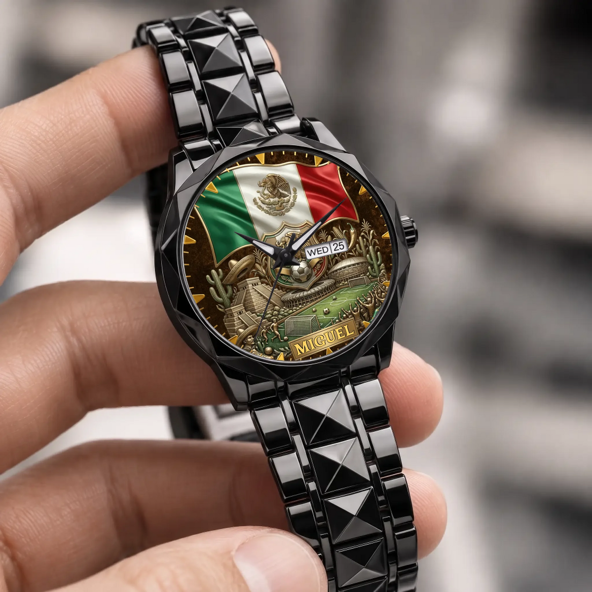 Personalized Mexico soccer watch - black faceted bracelet held in a hand