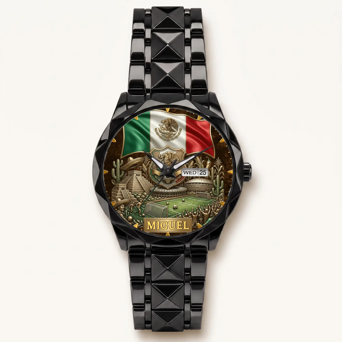 Personalized Mexico soccer watch - black faceted bracelet and day-date display