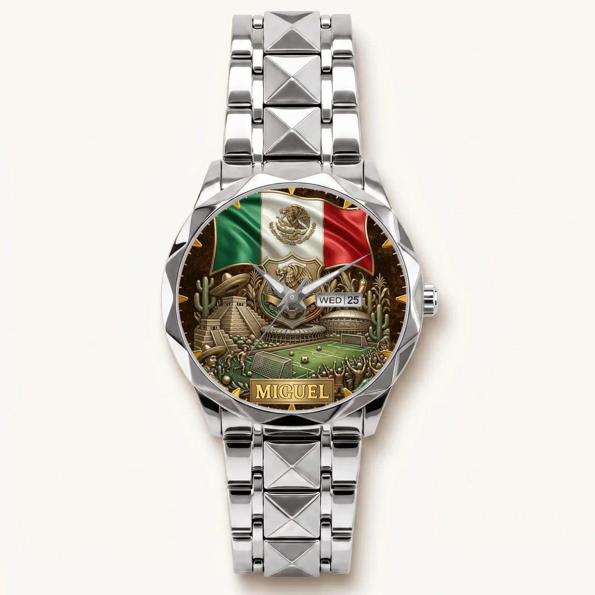 Personalized Mexico soccer watch - silver-tone faceted bracelet and day-date display