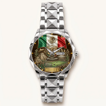 Personalized Mexico soccer watch - silver-tone faceted bracelet and day-date display
