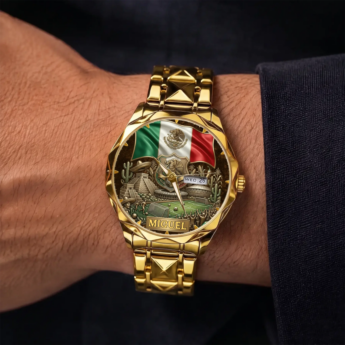 Personalized Mexico soccer watch - gold-tone faceted bracelet shown on the wrist