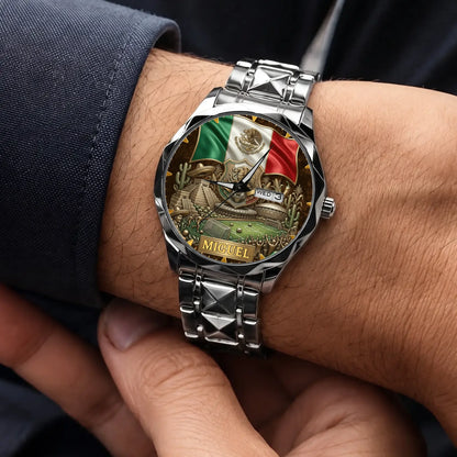 Personalized Mexico soccer watch - silver-tone faceted bracelet worn with a suit