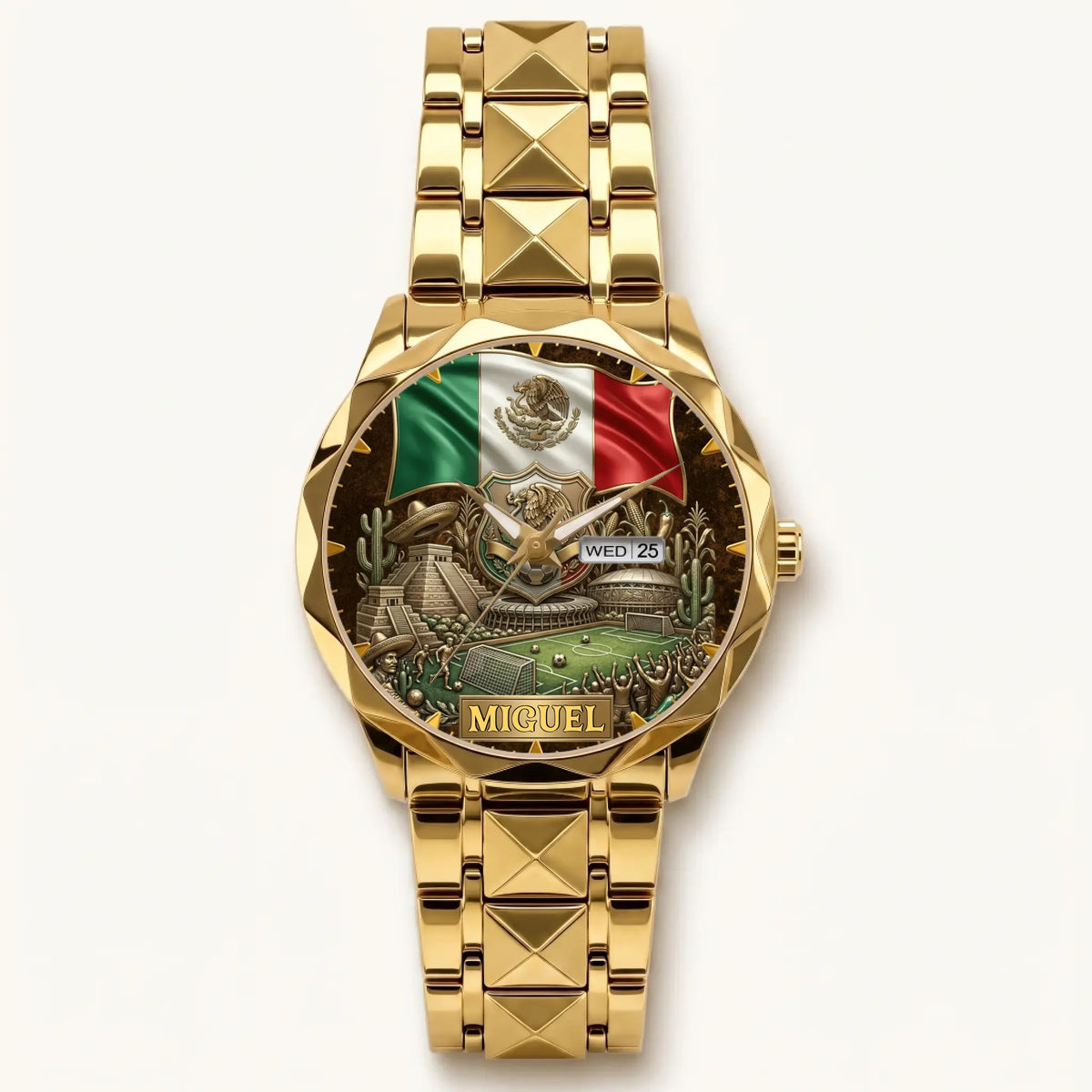 Personalized Mexico soccer watch - gold-tone faceted bracelet and day-date display