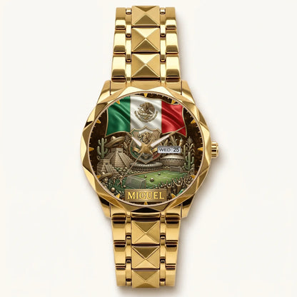 Personalized Mexico soccer watch - gold-tone faceted bracelet and day-date display