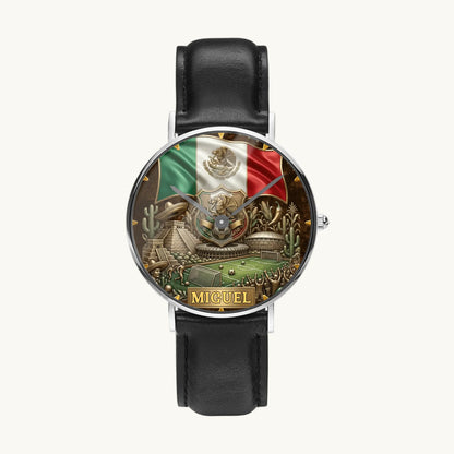 Personalized Mexico soccer watch - silver-tone case and black leather strap, front view