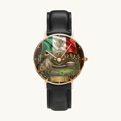 Personalized Mexico soccer watch - rose-gold-tone case and black leather strap, front view