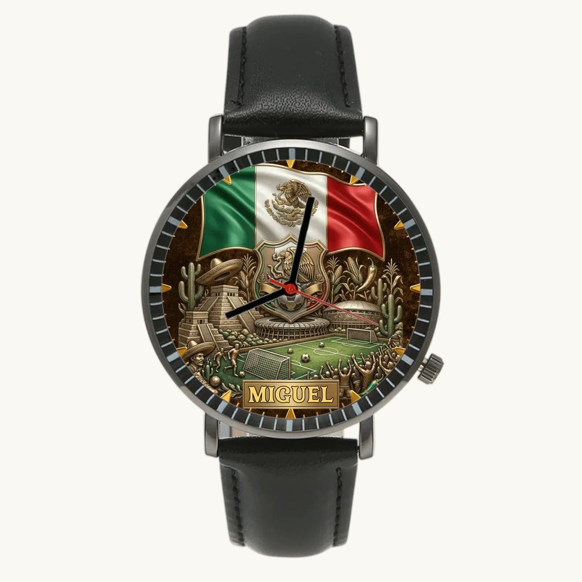 Personalized Mexico soccer watch - black case and black leather strap, front view
