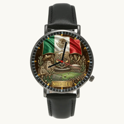 Personalized Mexico soccer watch - black case and black leather strap, front view
