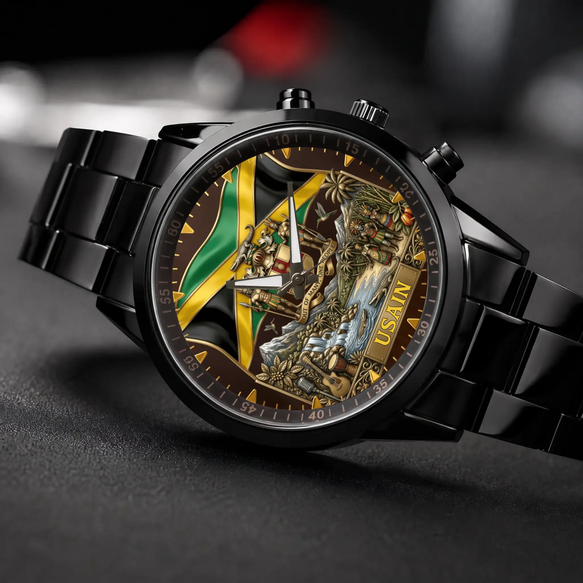 Personalized Jamaican heritage watch - black metal bracelet, angled view on a dark surface