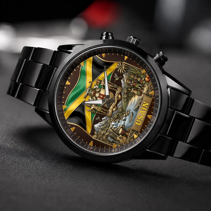 Personalized Jamaican heritage watch - black metal bracelet, angled view on a dark surface