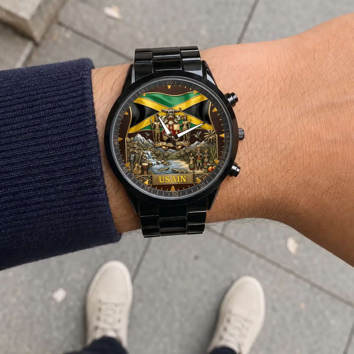 Personalized Jamaican heritage watch - black metal bracelet worn outdoors