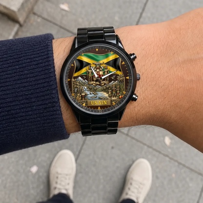 Personalized Jamaican heritage watch - black metal bracelet worn outdoors