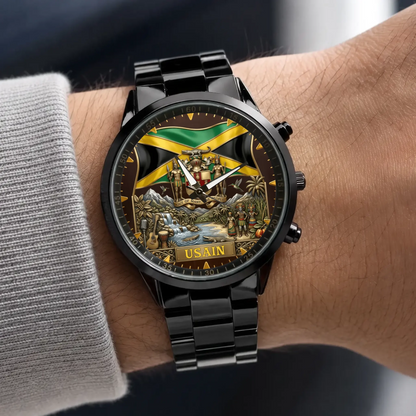 Personalized Jamaican heritage watch - black metal bracelet worn with a gray sweater