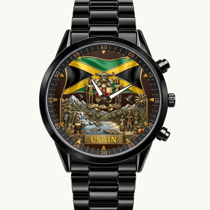 Personalized Jamaican heritage watch with Jamaican flag, coat of arms and custom name, black metal bracelet