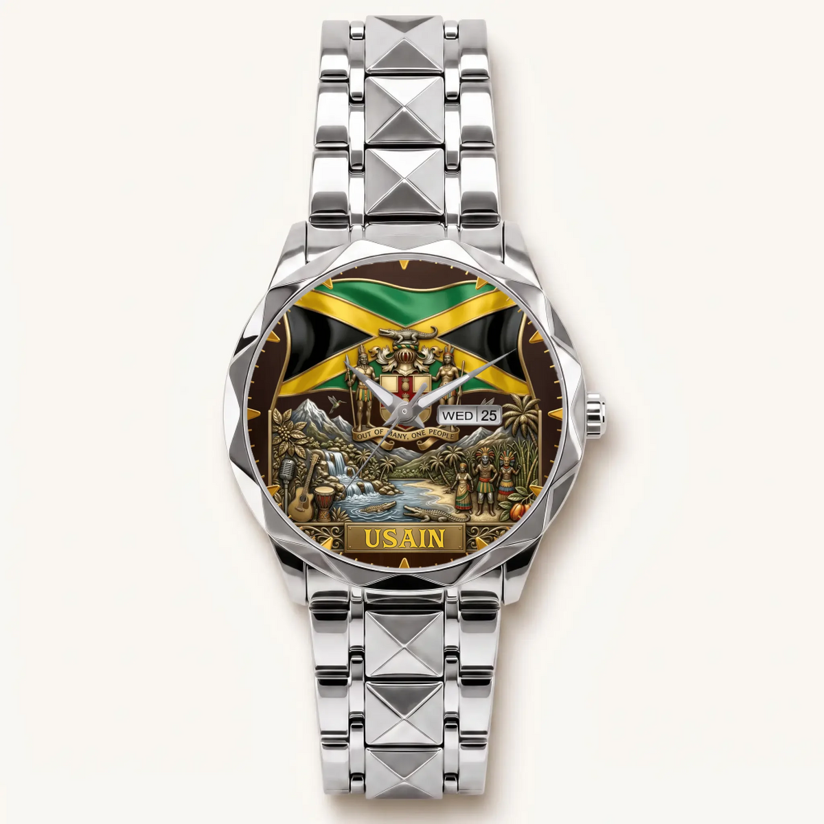Personalized Jamaican heritage watch - silver-tone faceted bracelet and day-date display