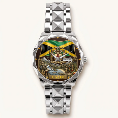 Personalized Jamaican heritage watch - silver-tone faceted bracelet and day-date display