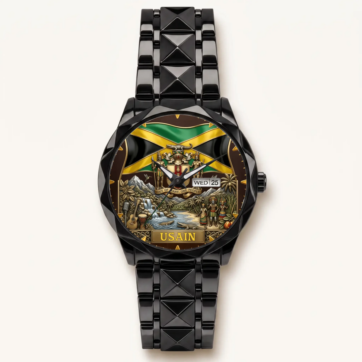 Personalized Jamaican heritage watch - black faceted bracelet and day-date display