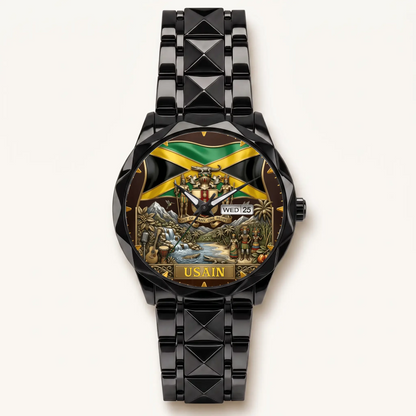 Personalized Jamaican heritage watch - black faceted bracelet and day-date display