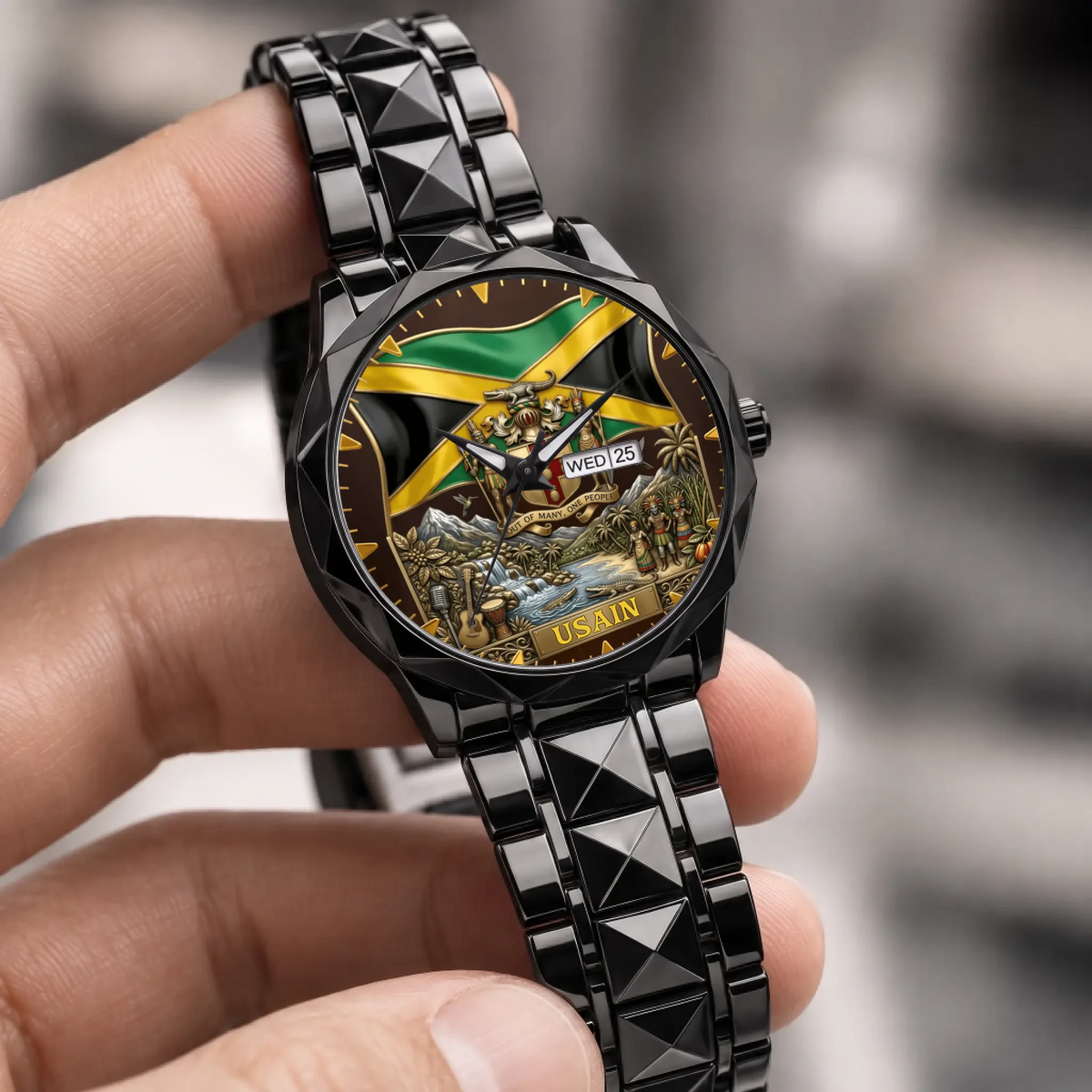 Personalized Jamaican heritage watch - black faceted bracelet held in a hand