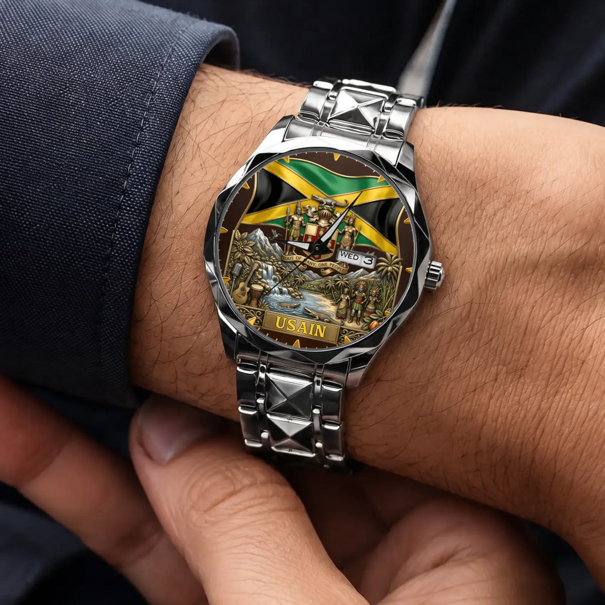 Personalized Jamaican heritage watch - silver-tone faceted bracelet worn with a suit